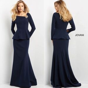 NWT JOVANI 07131 Navy Blue Peplum Gown Size 6